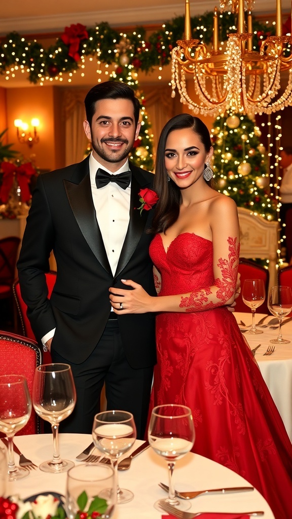 A couple in formal attire at a Christmas party, with festive decorations in the background.